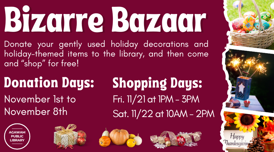 Click here to learn more about the Bizarre Bazaar! Donation days are November 1st - November 8th, and shopping days are Friday, November 21st at 1PM - 3PM and Saturday, November 22nd at 10AM - 2PM!
