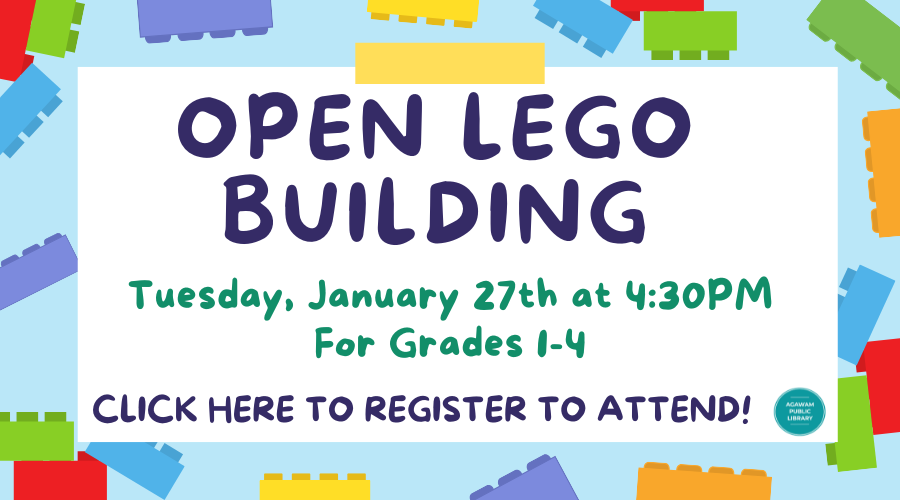 Click here to register to attend Open Lego Building for grades 1-4, happening on Tuesday, January 27th at 4:30PM!