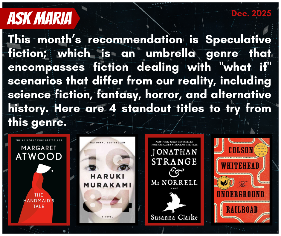 This month’s recommendation is Speculative fiction; which is an umbrella genre that encompasses fiction dealing with "what if" scenarios that differ from our reality, including science fiction, fantasy, horror, and alternative history. Here are 4 standout titles to try from this genre.